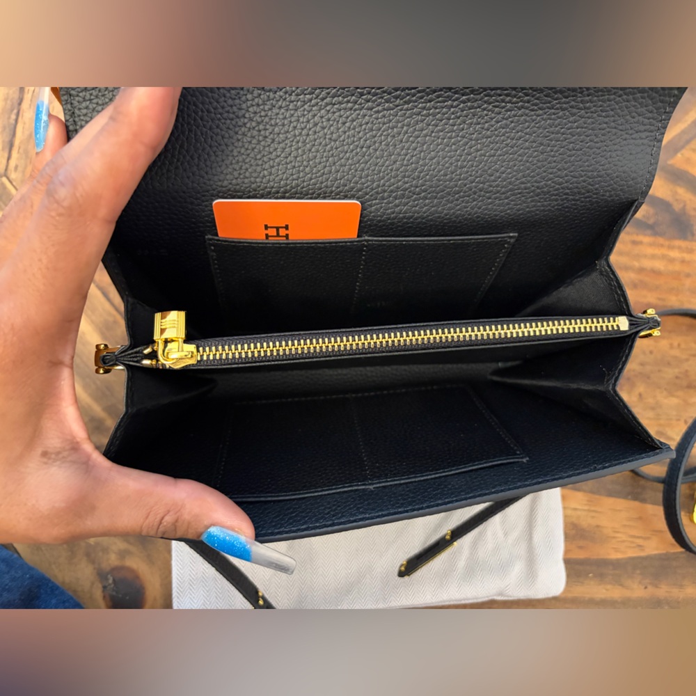Black Leather Crossbody Clutch, Gold Hardware similar Kelly Wallet, not Hermes - Picture 9 of 11